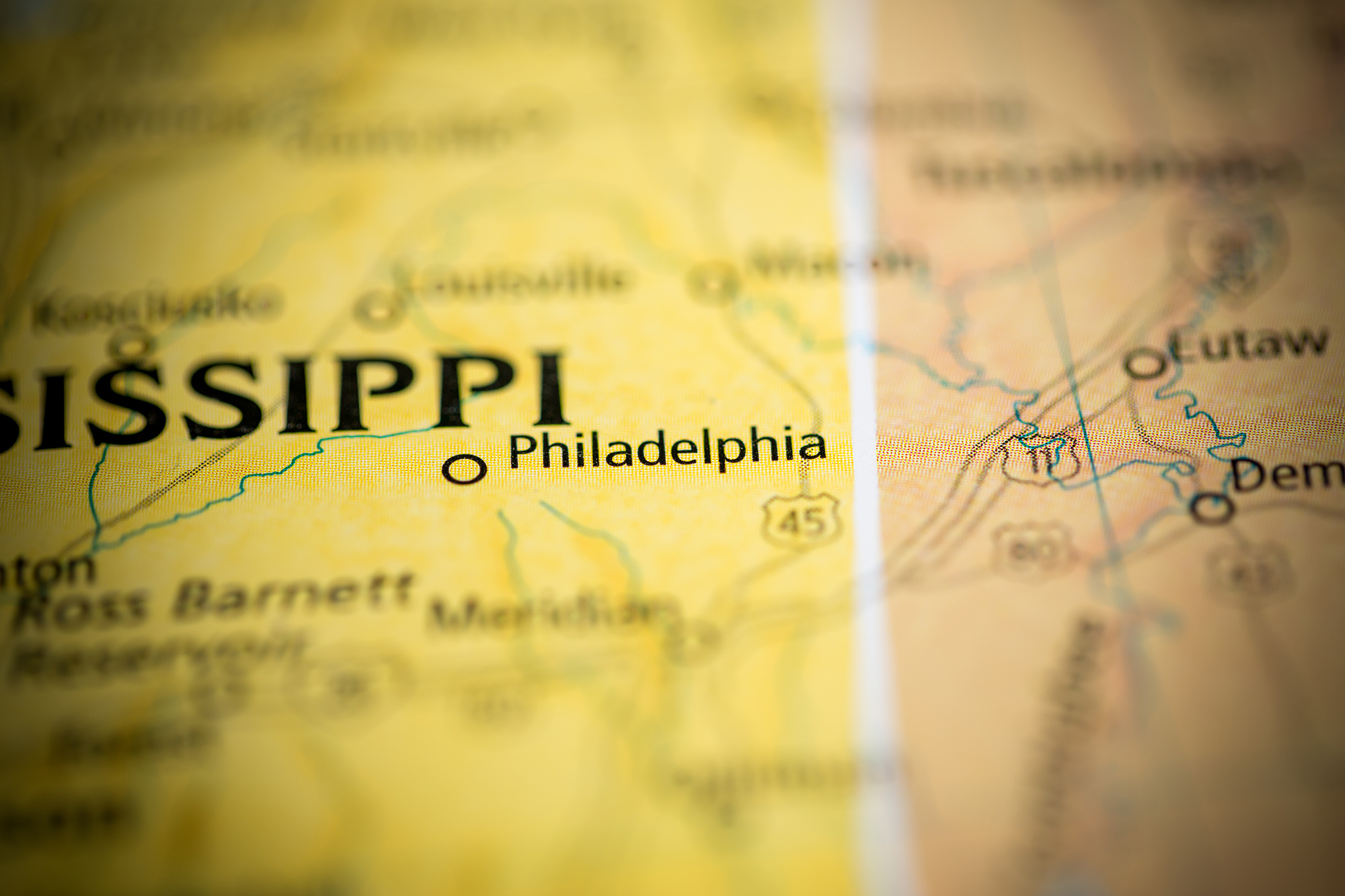 A closeup of Philadelphia, Mississippi on a map